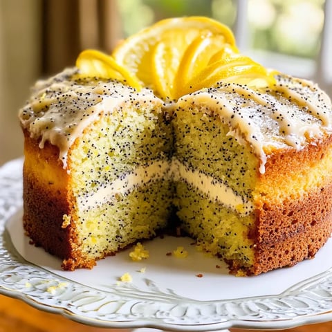 A slice of lemon poppy seed bundt cake.