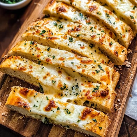 A wooden cutting board with slices of garlic bread.