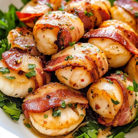 Bacon wrapped scallops on a plate.