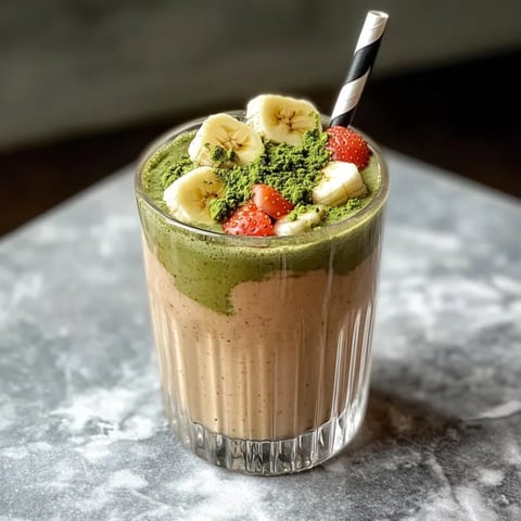 A glass of a green smoothie with bananas and strawberries.