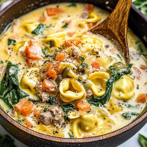 A bowl of creamy tortellini soup with vegetables.