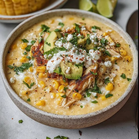 A bowl of Mexican street corn white chicken chili.