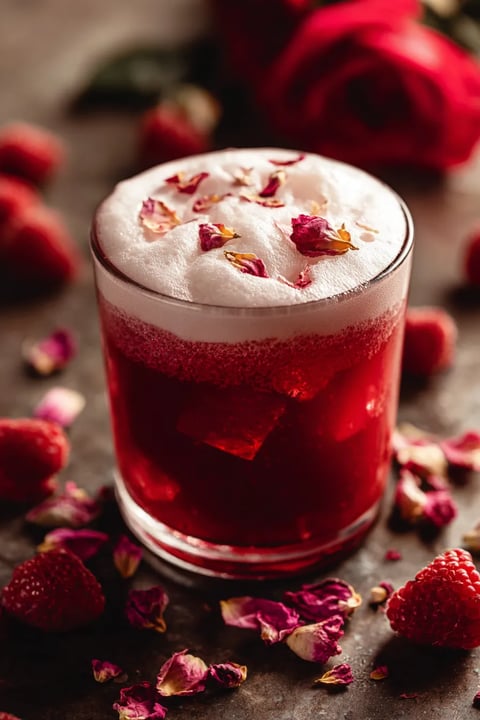 A glass of Love Potion #9 Cocktail with a rose petal garnish.