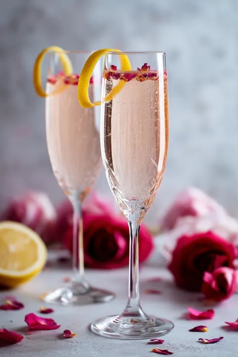 Two glasses of pink lemonade with lemon slices and rose petals.