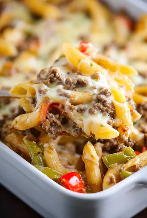 A close up of a delicious Philly Cheesesteak Pasta Bake.