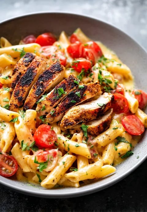 A bowl of Cajun chicken pasta.